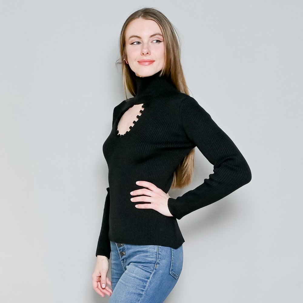 BEVZA Cut-Out Ribbed Wool-Blend Turtleneck Sweater - Picture 5 of 6